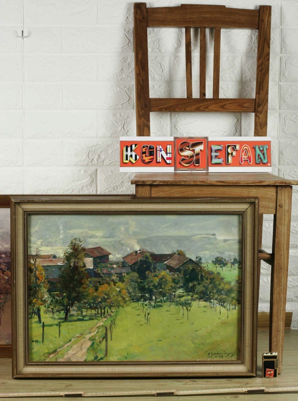 Constantin Gerhardinger Ölgemälde antik 1943 Dorf plus Druck 